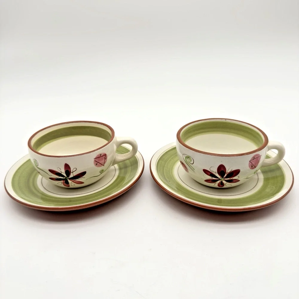 Stangl Pottery Carnival Cup Saucer Set of 2 Coffee Tea MCM Pink Green Black